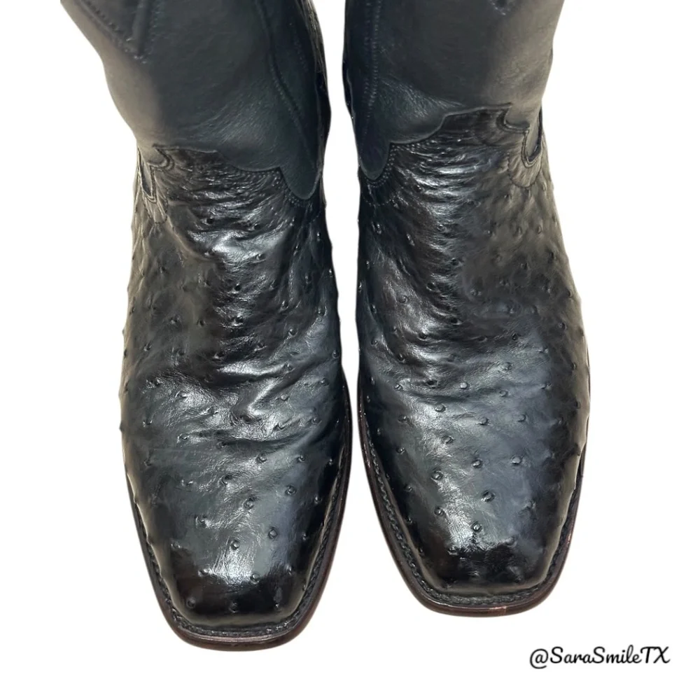 TECOVAS The Carter Mens Black Handmade Full-Quill Ostrich Cowboy Boots - Picture 7 of 14